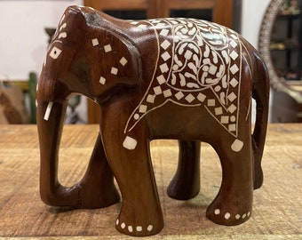 Wooden Indian Elephant With Inlay Work, Elephant Figurine, Indian Elephant Statue, Showpiece, Handmade, Traditional Style, Height 5 Inches