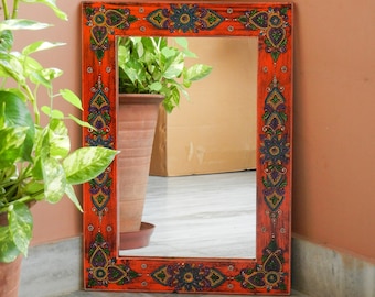 Houten muurspiegel, Indische Traditionele Etnische Stijl, Handgemaakt en Hand geschilderd, MuurDecor, Muur Het hangen