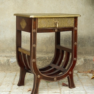 Wooden & Brass Bedside Table with Magazine Stand, Ethnic Style Small Chest of Drawers, Handmade 24 Inch Height Nightstand