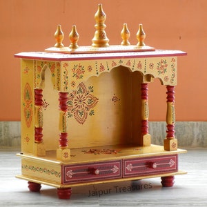 Wooden Home Temple, Mandir, Pooja Ghar, Mandapam for Worship, Handmade Hand Painted, Traditional Indian Style, Golden Color