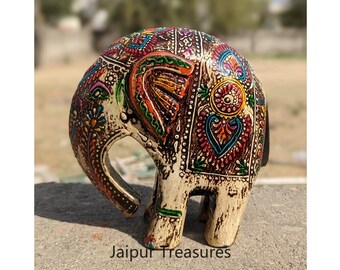 Wooden Mini Elephant Statue Figurine, Showpiece, Home Decor, Handmade Hand Painted, Traditional Indian Style, White Color, Height 4 Inches