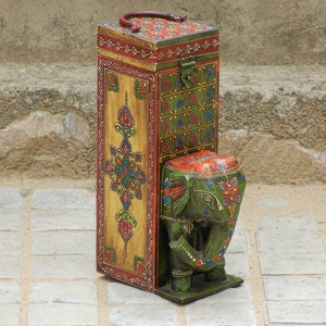 Wooden Elephant Wine Bottle Holder Handmade Hand-Painted Barware Traditional Indian Style Bottle Stand