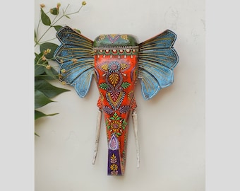 Wooden & Metal Elephant Head Wall Hanging, Wall Decor, Ethnic Indian Style, Handmade Hand Painted