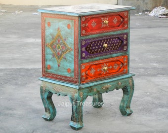 Wooden Indian Bedside Table With 3 Drawers, Nightstand, Side Table, Storage Table, 3 Drawer Chest, Handmade Hand-Painted, Blue Color