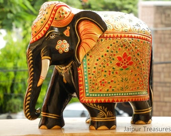 Houten olifant standbeeld figuur, fijne hand geschilderd, pronkstuk, home decor, handgemaakte, traditionele Indiase stijl, hoogte 8 inch, beeldje