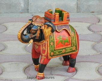 Wooden Elephant Statue, Figure, Showpiece With Storage, Indian Ethnic Style, Handmade Hand-Painted, Figurine