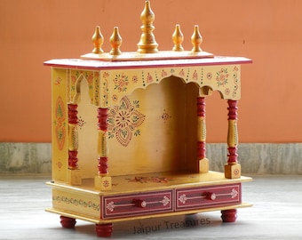 Wooden Home Temple, Mandir, Pooja Ghar, Mandapam for Worship, Handmade Hand Painted, Traditional Indian Style, Golden Color