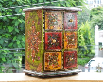 Wooden Small 6 Chest Of Drawer, Desk Organizer, Handmade Hand Painted, Ethnic Indian Style