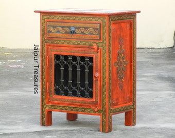Nachttisch aus Holz, Schrank, indischer ethnischer Stil, Aufbewahrungstisch, Schlafzimmermöbel, handgefertigt, handbemalt