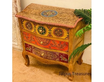 houten geschilderde console tafel met laden, 3 ladekast, opbergtafel, ladekast, Indiase stijl, handgemaakte handgeschilderde
