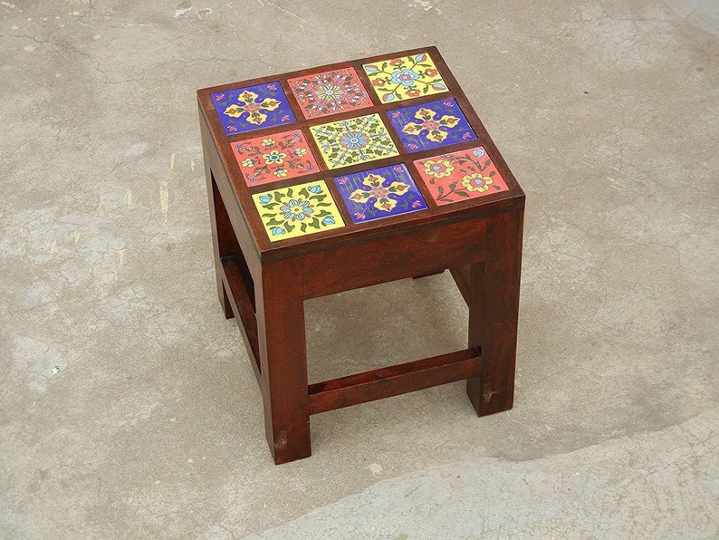 Wooden & Ceramic Nesting Stool, Side Table, End Table, Contemporary Indian Style, Set Of 3 image 4