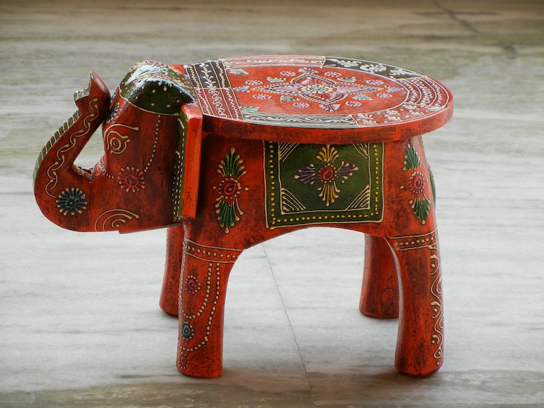 Wooden Elephant Stool, Side Table, End Table, Footstool, Ottoman, Pouffe, Bench chair, Indian Style, Handmade Hand Painted, Kids Stool image 6