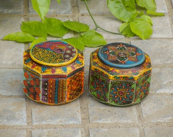 Wooden Painted Box, Trinket Box, Jewelry Organizer, Desk Organizer, Indian Ethnic Style, Handmade Hand Painted - Set of 2
