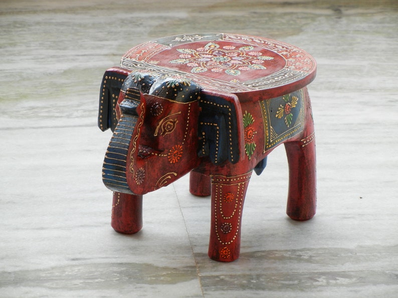 Wooden Elephant Stool, Side Table, End Table, Footstool, Ottoman, Pouffe, Bench chair, Indian Style, Handmade Hand Painted, Kids Stool image 2