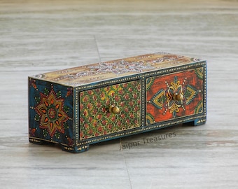 Wooden Desk Organiser, Chest Of 2 Drawer, Handmade Hand Painted, Ethnic, Indian Style, Small