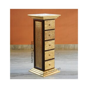 Wooden Brass Drawer Chest with 5 Drawers, Handmade Indian Ethnic Side Table, Storage End Table for Living Room Furniture