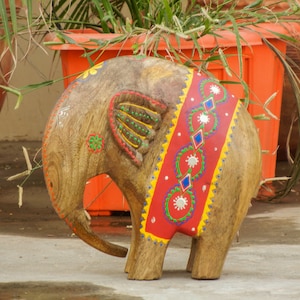 Wooden Elephant Statue Figurine, Showpiece, Home Decor, Handmade Hand Painted, Traditional Indian Style, Height 10 Inches