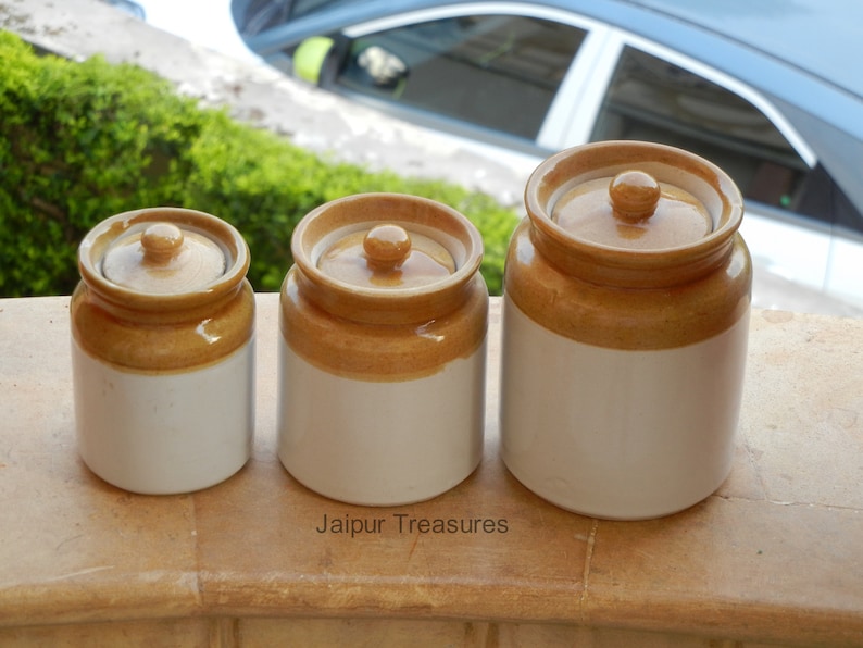 Ceramic Handmade Indian Pickle Jar, Achaar Barni, Container, Canister Set Of 3 image 2