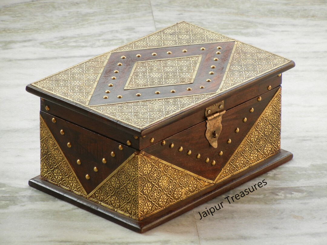 Wooden & Brass Jewelry Box, Treasure Box, Miniature Trunk Style Box ...