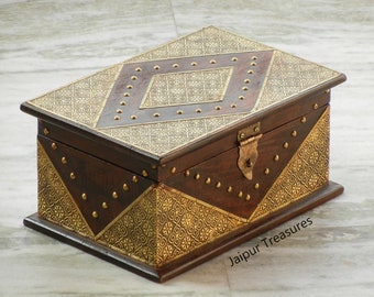 Wooden & Brass Jewelry Box, Treasure Box, Miniature Trunk Style Box, Indian Style