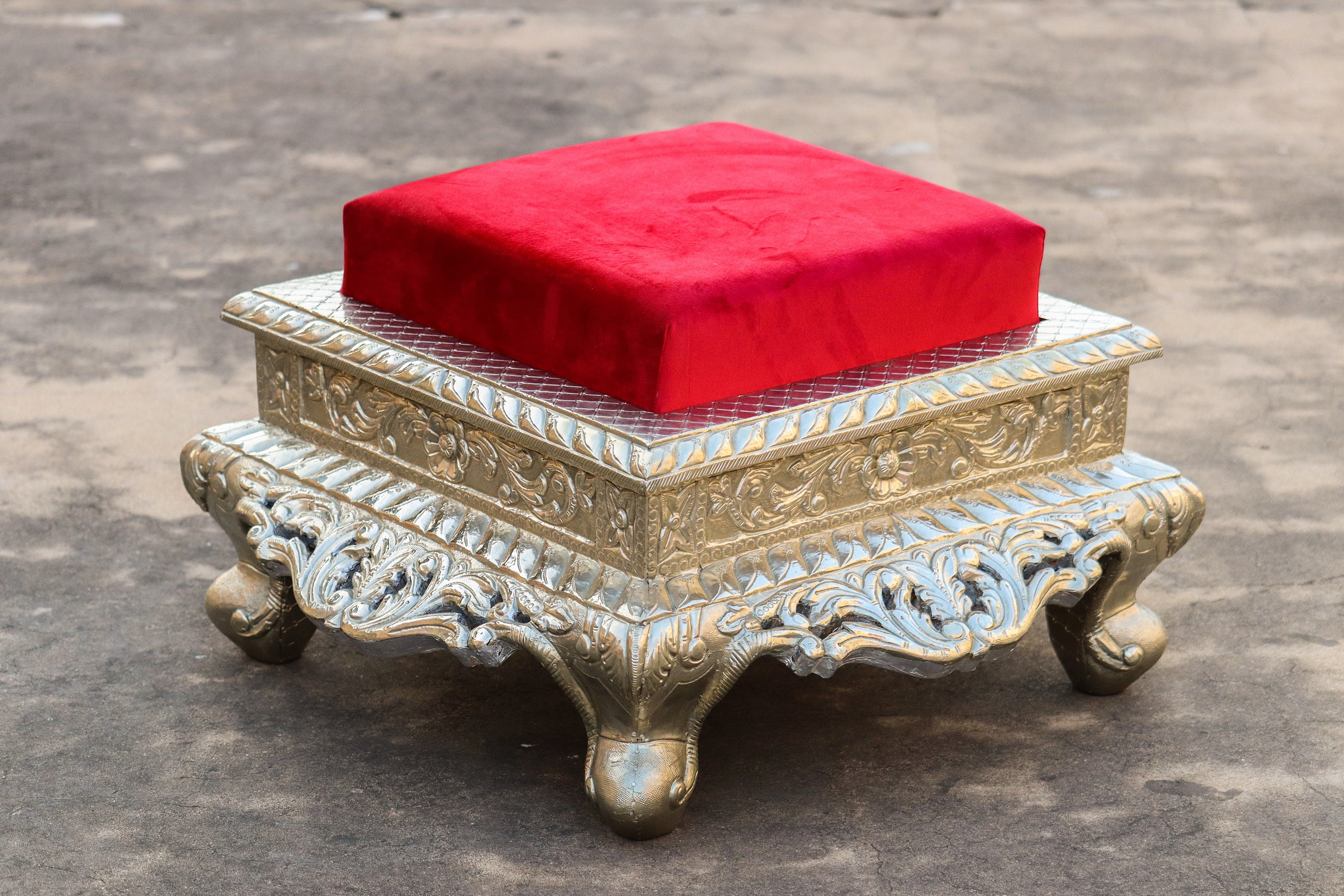 Wooden & White Metal Pouffe, Pouf, Hassock, Sethi, Cushioned Footstool, Footrest, Cushioned Chowki, Ottoman, Low Seat, Stool, Chair