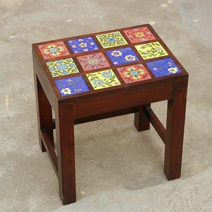Wooden & Ceramic Nesting Stool, Side Table, End Table, Contemporary Indian Style, Set Of 3 image 3