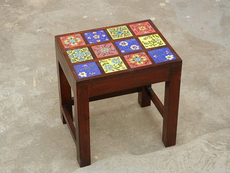 Wooden & Ceramic Nesting Stool, Side Table, End Table, Contemporary Indian Style, Set Of 3 image 3