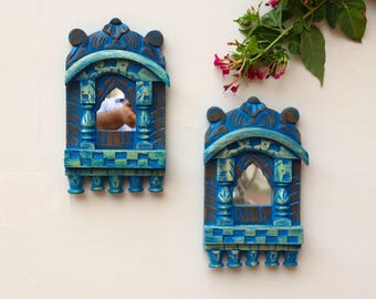 Wooden Jharokha Mirror, Distress Wall Frame, Rustic Wall Decor, Wall Hanging, Wooden Window, Indian Style, Handmade, Hand Painted - Set Of 2
