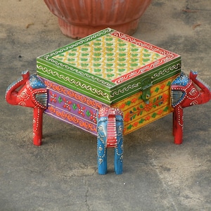 Wooden Elephant Jewelry Box with Four Elephants, Painted Storage & Desk Organiser, Indian Ethnic Style Decorative Organizer