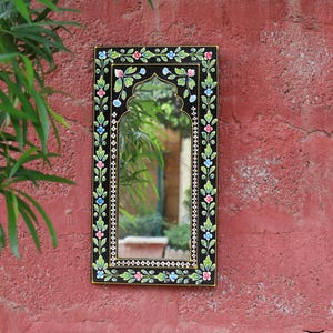 Hand Painted Wooden Wall Mirror in Black for Rustic Home Decor, Vintage Accent Mirror, Boho Wall Hanging, Handmade Decorative Mirror