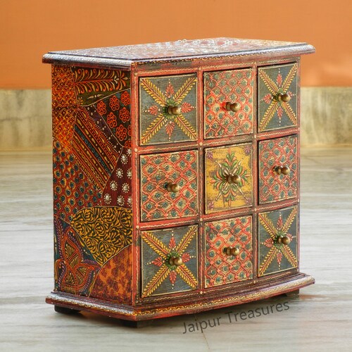 Wooden Small Chest Of Drawer, Desk Organiser, Handmade Hand shops Painted, Ethnic Indian Style
