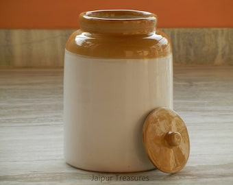 Ceramic Handmade Indian Pickle Jar, Achaar Barni, Container, Canister, Height : 11 Inches