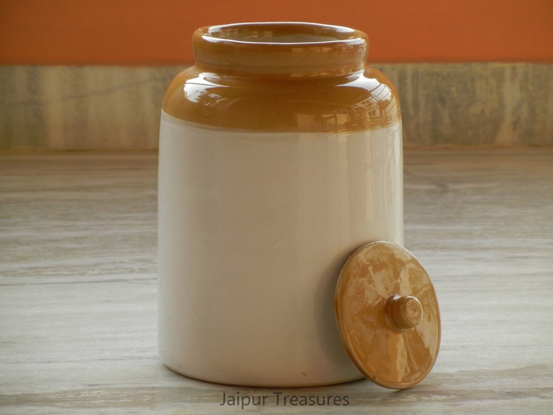 Ceramic Handmade Indian Pickle Jar, Achaar Barni, Container, Canister, Height : 11 Inches image 1