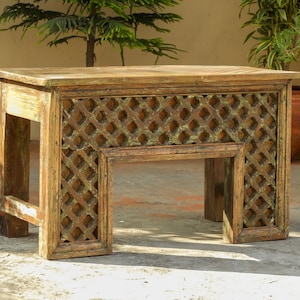 Wooden Distressed Coffee Table Rustic Hand Carved Vintage Indian Style Bench Handmade Furniture