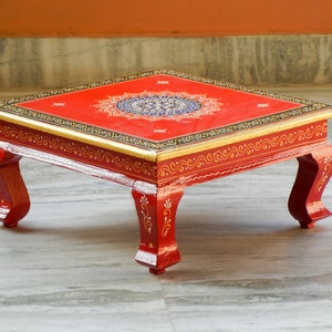 Wooden Handmade Hand Painted Colorful Rangoli Design Indian Chowki, Bajot, Footstool, Table, Bed Table, Coffee Table image 1