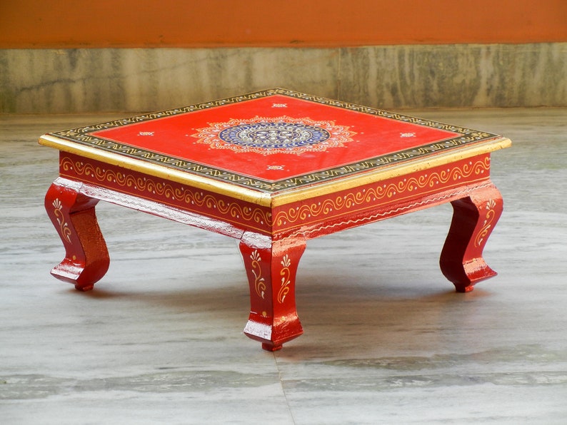 Wooden Handmade Hand Painted Colorful Rangoli Design Indian Chowki, Bajot, Footstool, Table, Bed Table, Coffee Table image 1