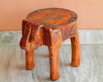 Wooden Elephant Stool, Side Table, End Table, Footstool, Ottoman, Pouffe, Bench chair, Ethnic Indian Style, Handmade Hand Painted