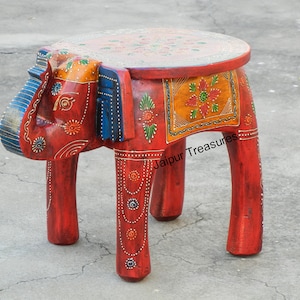 Hölzerner Elefant Hocker, Beistelltisch, Beistelltisch, Fußhocker, Ottomane, Hocker, Bankstuhl, ethnischer indischer Stil, handgefertigt, handbemalt