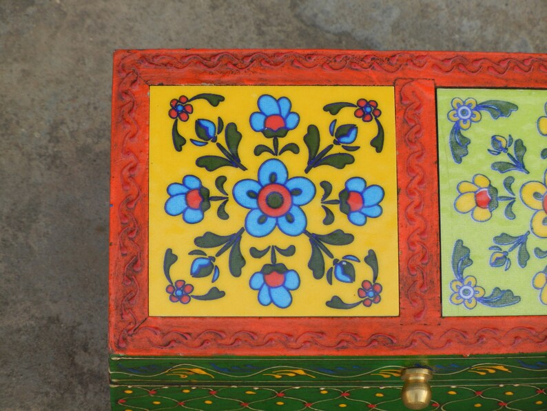 Wooden & Ceramic Box, Trinket Box, Jewelry Organizer, Desk Organizer, Indian Ethnic Style, Handmade image 3