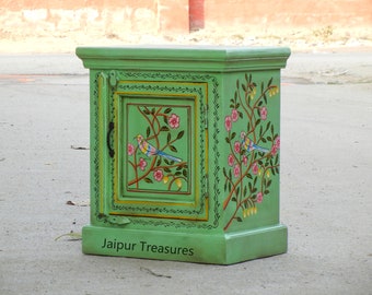 Holz Nachtschrank, Nachttisch, Nachttisch, Beistelltisch, Beistelltisch, Indischer Stil, Aufbewahrungstisch, Schlafzimmermöbel, Handgemacht