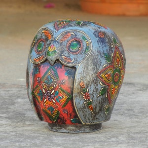 Wooden Painted Owl Statue, Money Bank, Figurine, Showpiece, Home Decor, Handmade Hand Painted, Traditional Indian Style, Height 6 Inches image 5