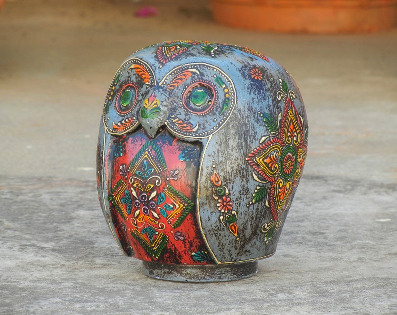 Wooden Painted Owl Statue, Money Bank, Figurine, Showpiece, Home Decor, Handmade Hand Painted, Traditional Indian Style, Height 6 Inches image 5