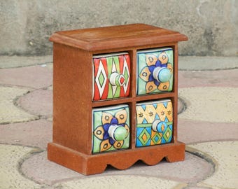 Wooden Ceramic Desk Organizer with 4 Chest Drawers - Small Storage for Office & Home, 6.25x4x7 Inches Compact Space Saver