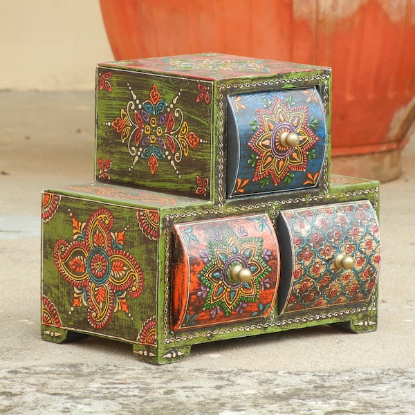 Wooden Small 3 Chest Of Drawer, Trinket Box, Desk Organizer, Handmade Hand Painted, Ethnic Indian Style, Height 7.5 Inches