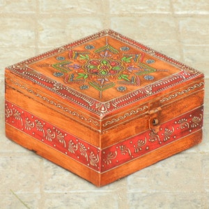 Wooden Painted Box, Indian Trinket Box, Jewelry Organizer, Desk Organizer, Indian Ethnic Style, Handmade Hand Painted