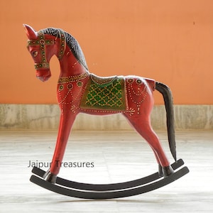 Wooden Rocking Horse Statue, Figure, Showpiece, Ethnic Indian Style, Handmade Hand-Painted, Figurine