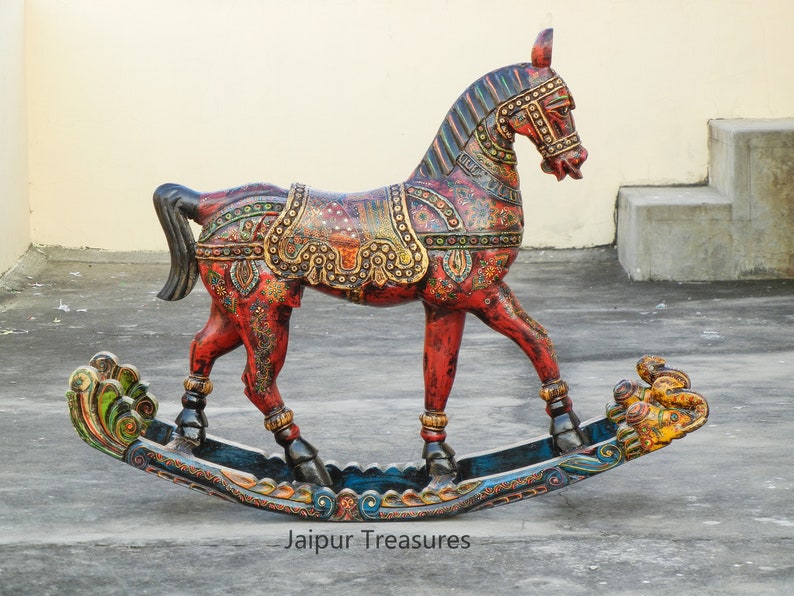 Wooden Rocking Horse Statue Painted Horse Figure Showpiece Etsy