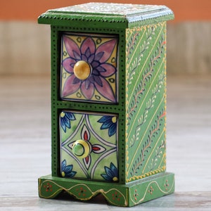 Houten & keramische 2 ladekast, bureau organisator, handgemaakte hand geschilderd, etnische, Indiase stijl, groene kleur, hoogte 9 inch afbeelding 5