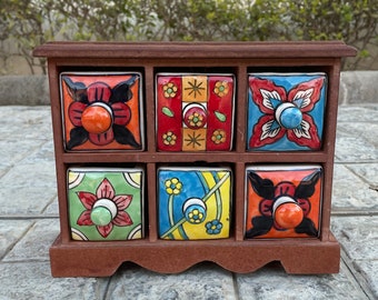 Wooden & Ceramic 6 Chest Of Drawer, Desk Organiser, Handmade, Ethnic, Indian Style, Height 6.5 Inches