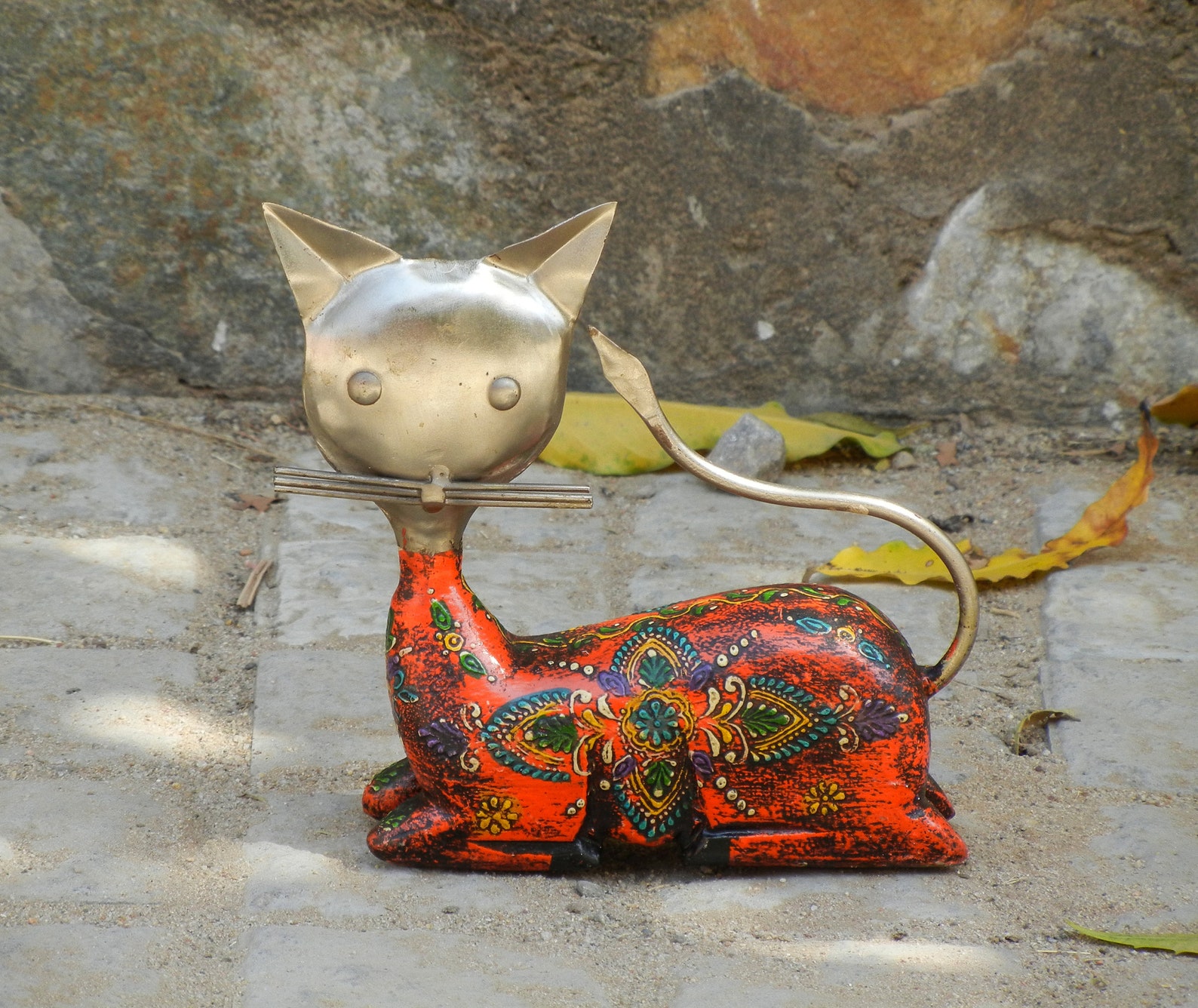 Wooden & Metal Sitting Cat Statue Figure Showpiece Ethnic Etsy